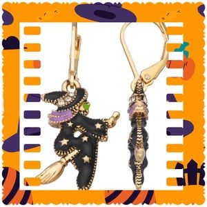 Halloween Embellished Dangling Witch Earrings Goldtone